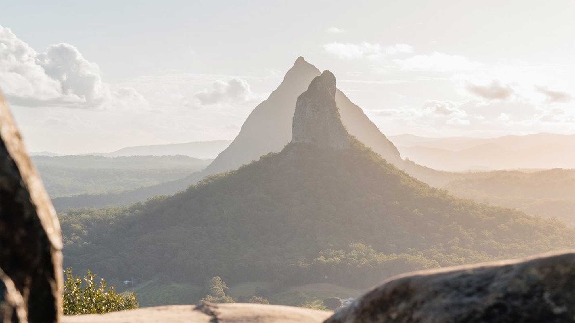 The Glass House Mountains in early morning glory with an ethereal morning light. A view that replenishes the soul.